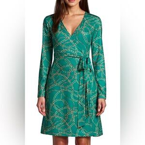 C. Wonder Chain Print Ultra Marine Green Long Sleeve Self Tie Wrap Dress Size S